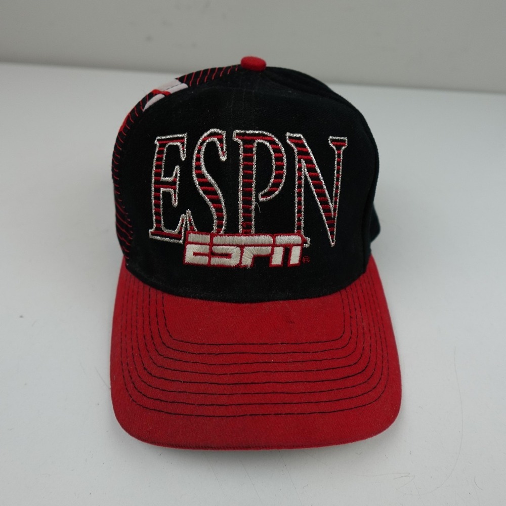 Vintage Drew Pearson ESPN2 Hat Cap Strap Back Black Red Stripe Mens One Size 90s